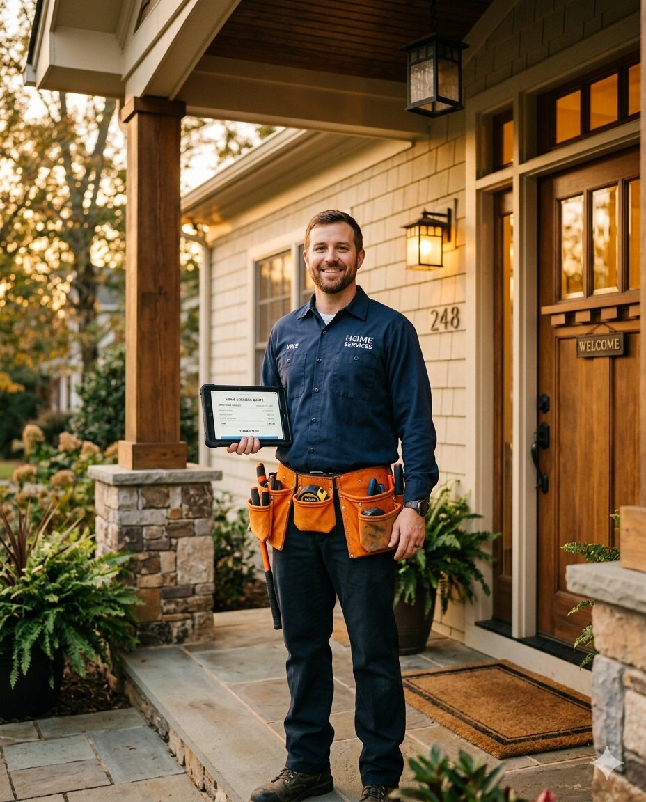 Owen, founder of Bluewater Plumbing Services, on a customer's front porch